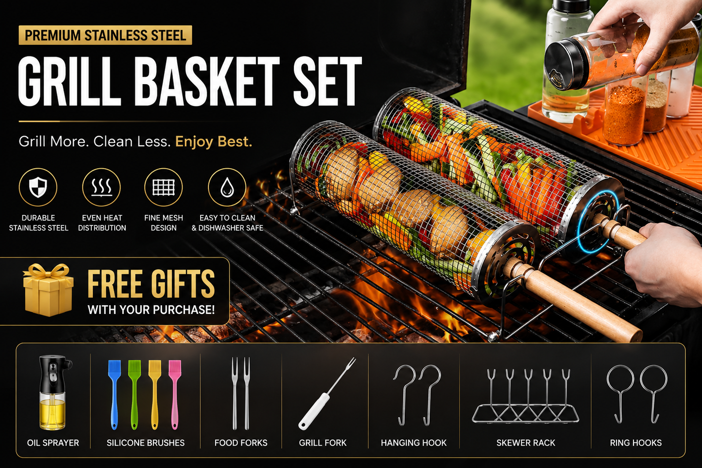 Kohle Co. Rotating Grill Basket – Perfect Grilling
