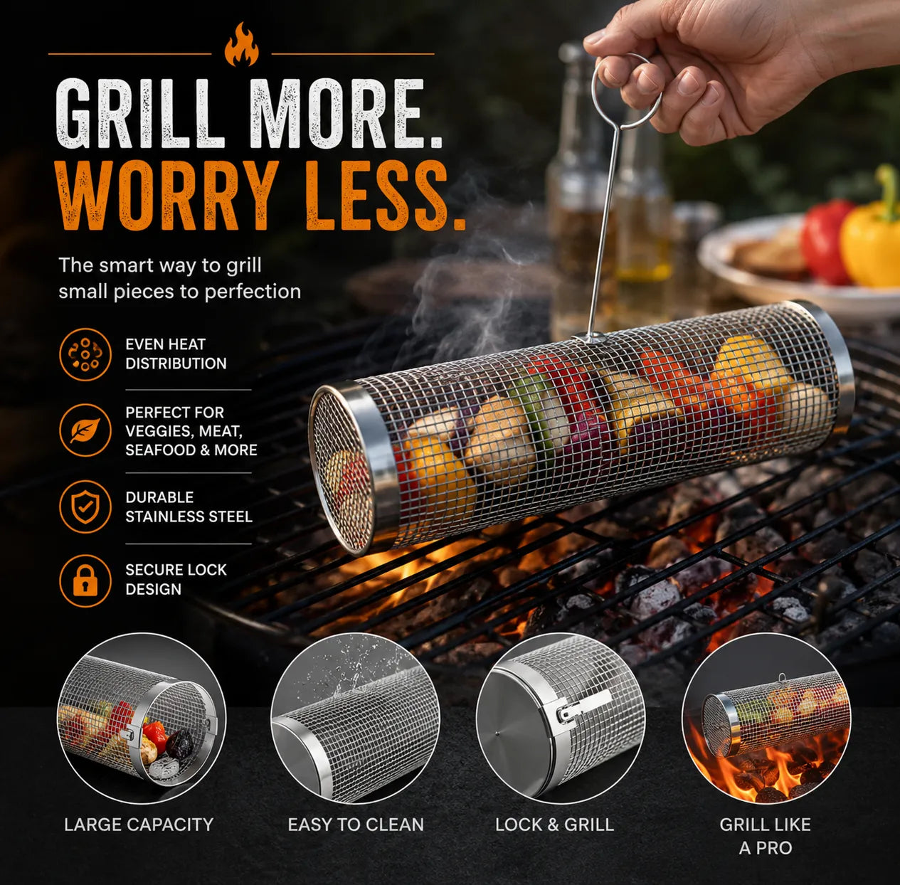 Kohle Co. Rotating Grill Basket – Perfect Grilling